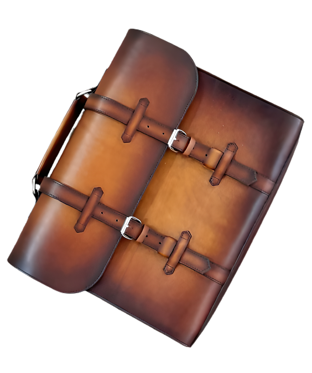 Lay view of Leather Miran Laptop Satchel Bag in brown