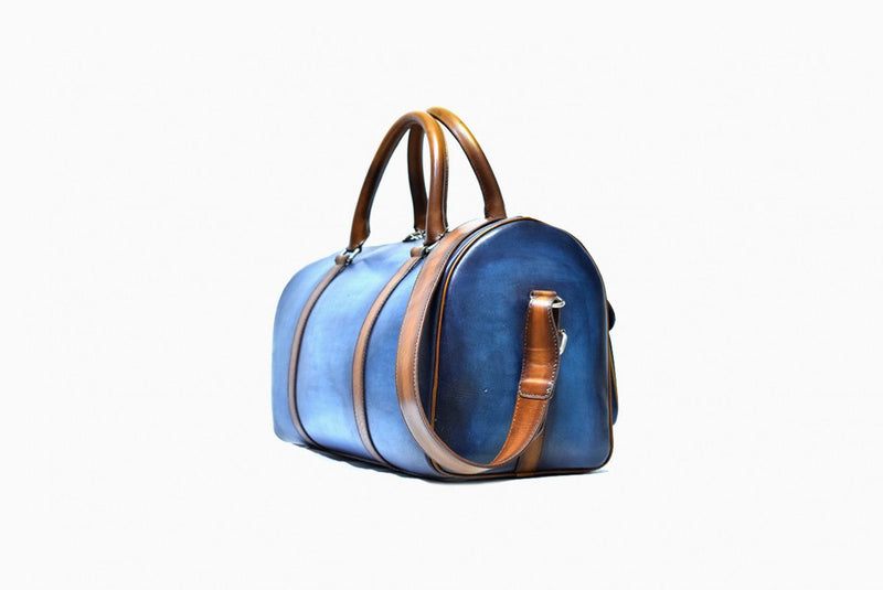 Side view of Leather Dozan Duffel Bag in light blue