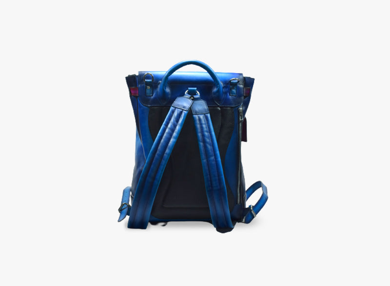 Back view of Leather Sarai Backpack in blue