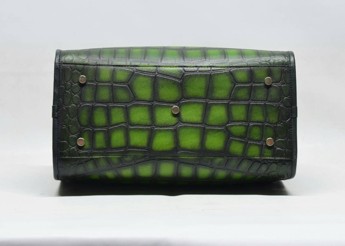 Down view of Leather Mini Duffle Bag in green