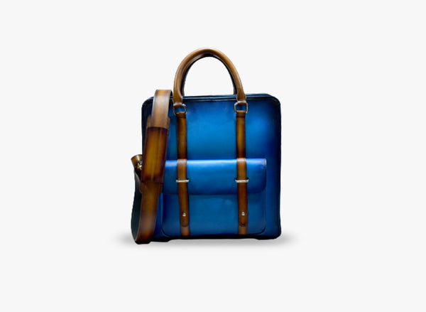 Front view of Leather Hari Briefcase in blue