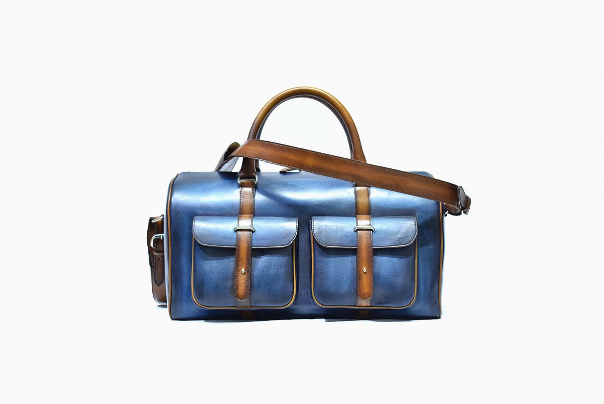 Front view of Leather Dozan Duffel Bag in light blue