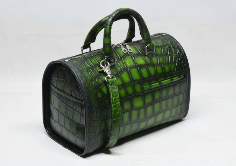 Left view of Leather Mini Duffle Bag in green