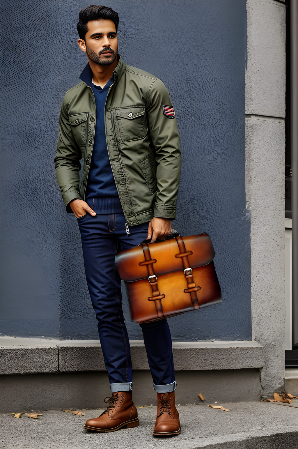 Man Holding a Leather Miran Laptop Satchel Bag in brown