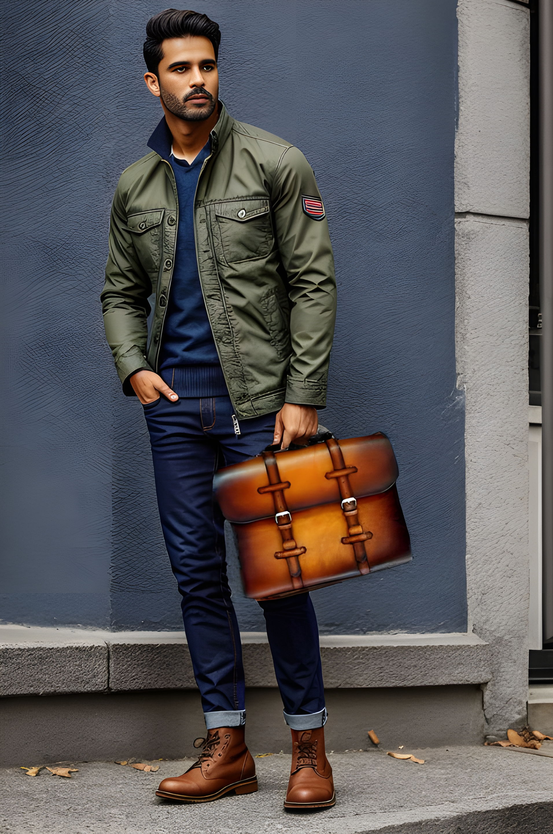 Man Holding a Leather Miran Laptop Satchel Bag in brown