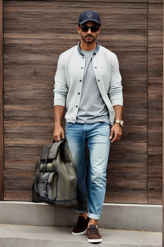 Man Holding Green Leather Trivor Backpack