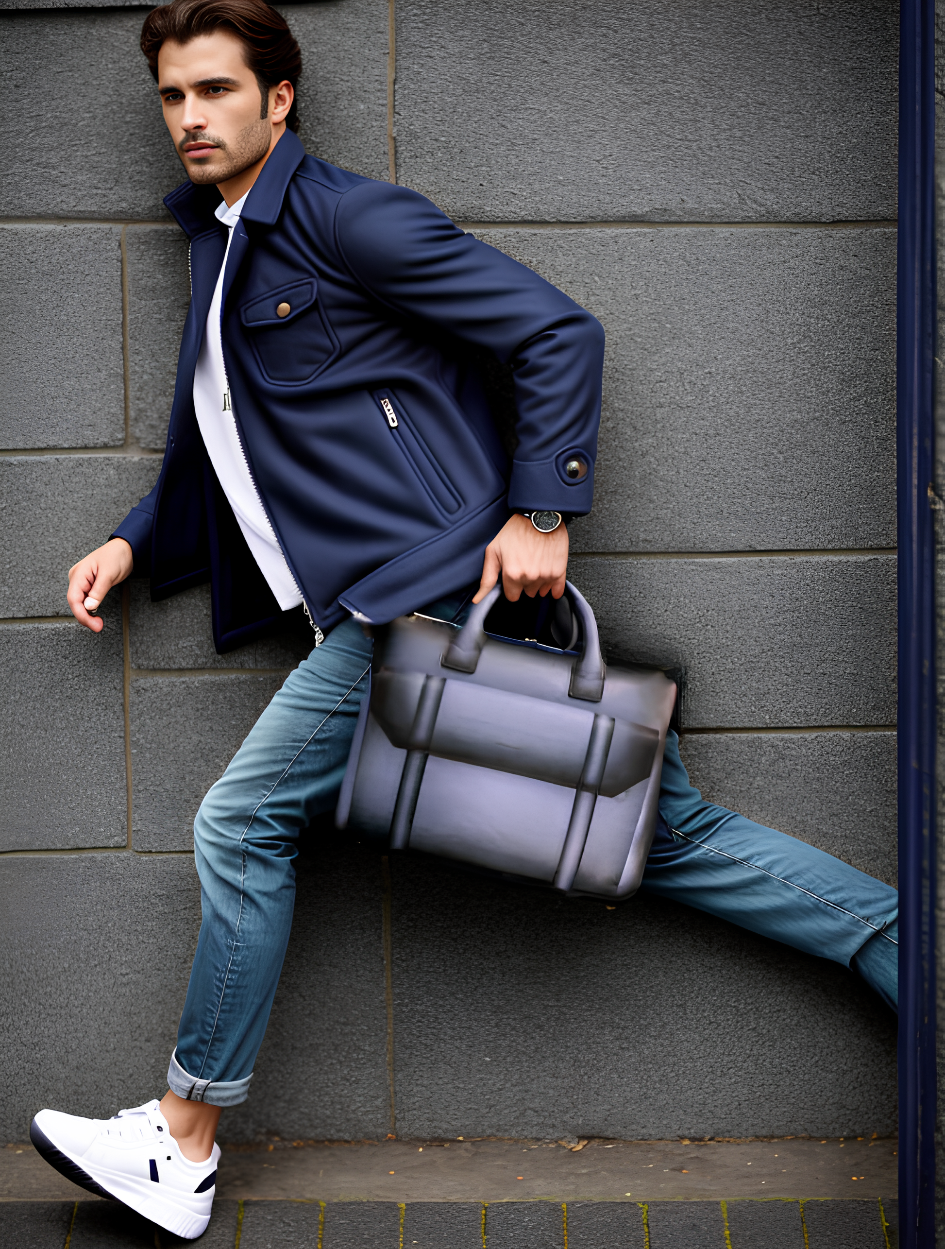 Man Holding view of Leather Horak Day Bag in grey