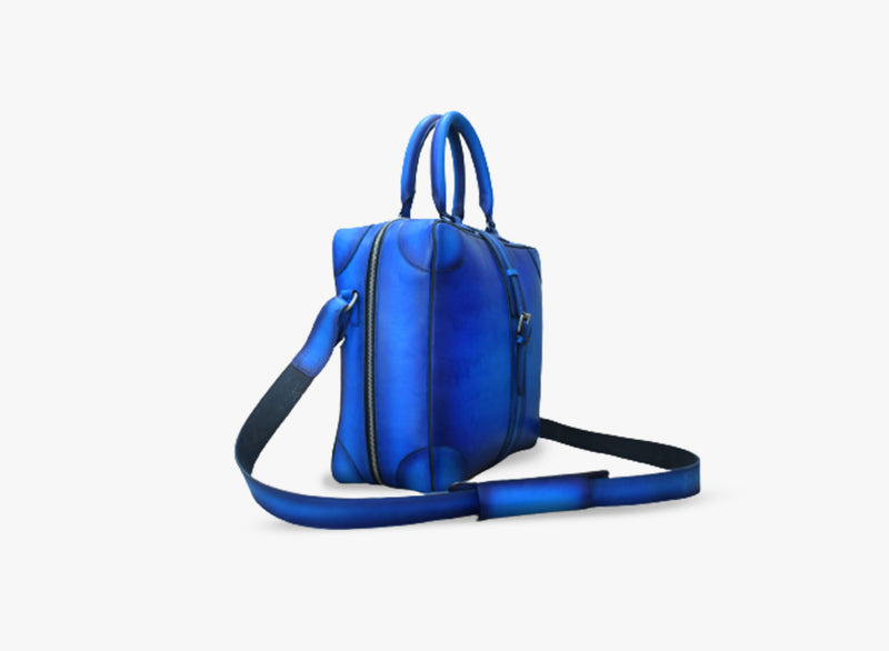 Side view of Leather Kolpur Weekender Bag in Blue