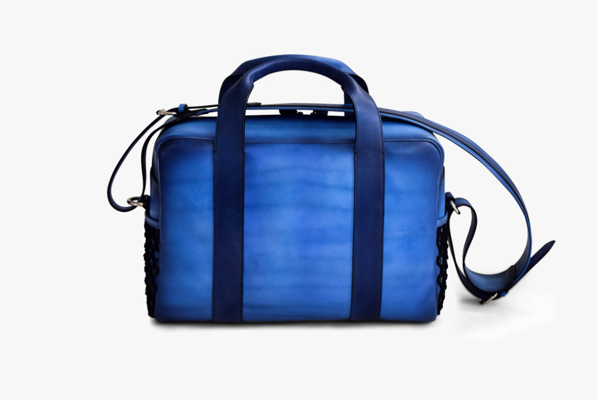 Back view of Leather Horak Overnighter Bag in blue
