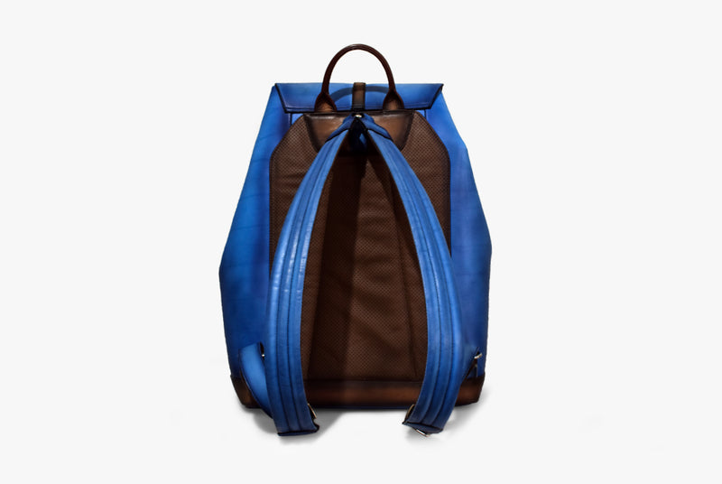 Back view of Leather Trivor Backpack in blue