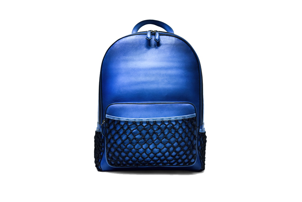 Front view of Leather Domel Backpack in blue
