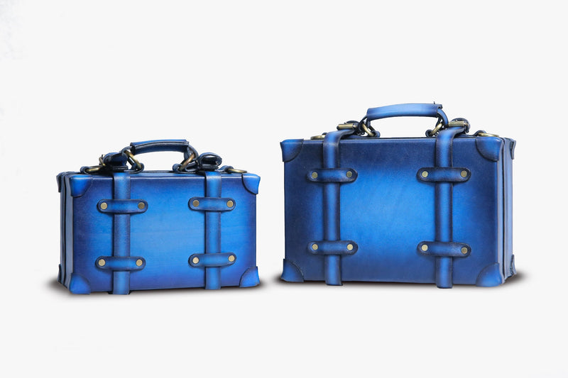 Front view of Leather Sharar Mini Trunk in Blue