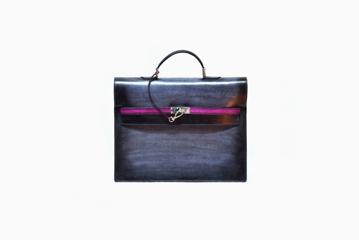 Front view of Leather Sehnsa File Case Satchel in Dark Blue