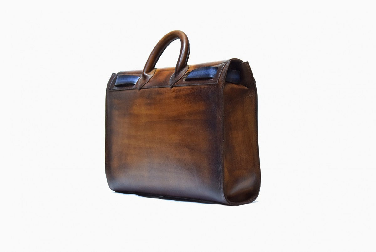 Left Side view of Leather Moro Satchel in Brown