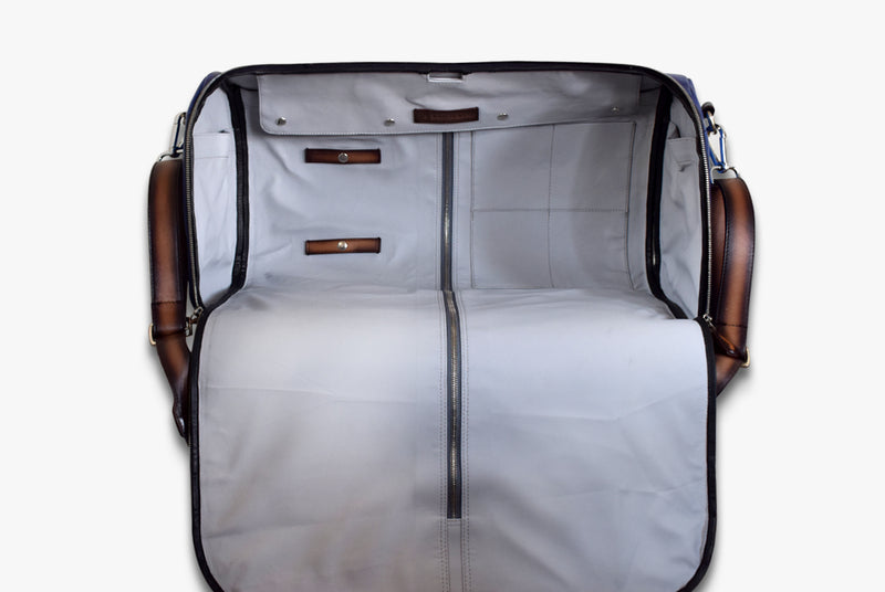 Open Zip view of Leather Garment Duffel Bag in blue