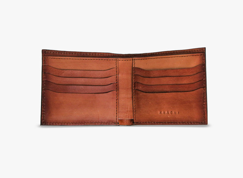 Open View of Leather Sharar BiFold Croc Wallet in Brown