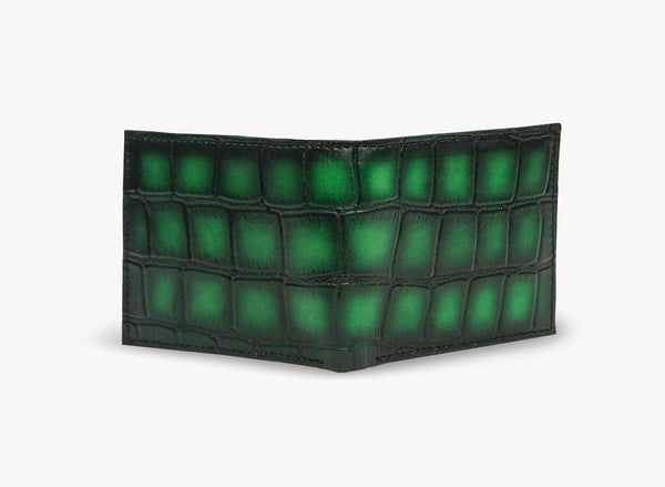 Open View of Leather Sharar BiFold Croc Wallet in Green