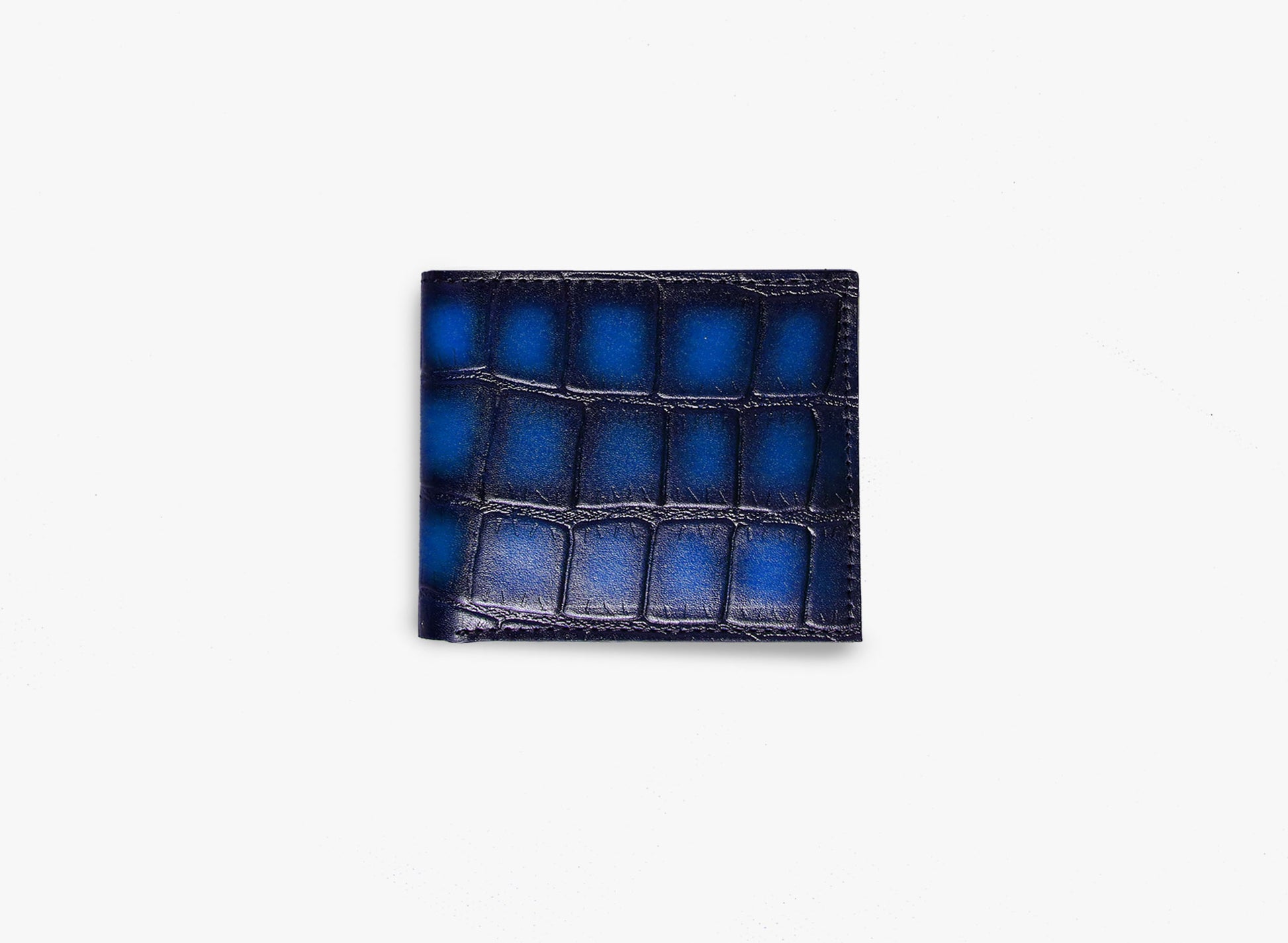 Outer View of Leather Sharar BiFold Croc Wallet in Blue