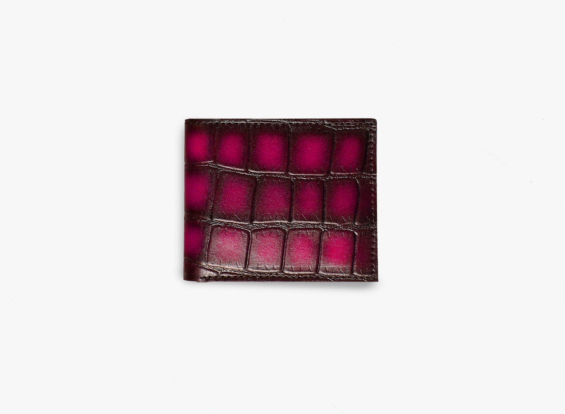 Outer View of Leather Sharar BiFold Croc Wallet in Magenta