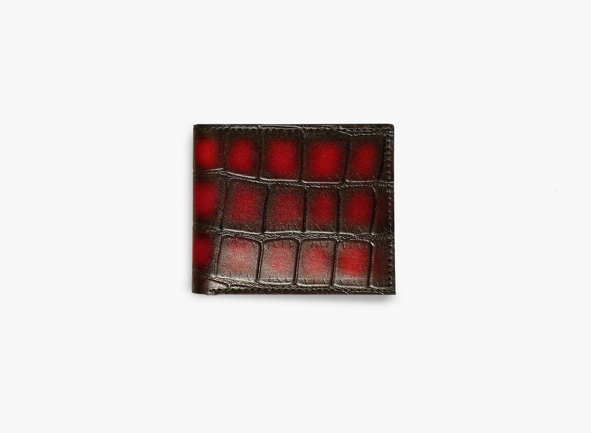 Outer View of Leather Sharar BiFold Croc Wallet in Maroon