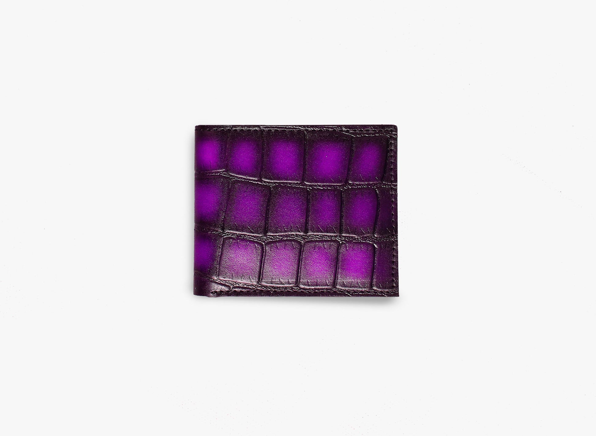 Outer View of Leather Sharar BiFold Croc Wallet in Purple