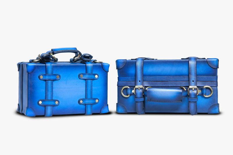 Side view of Leather Sharar Mini Trunk in Blue