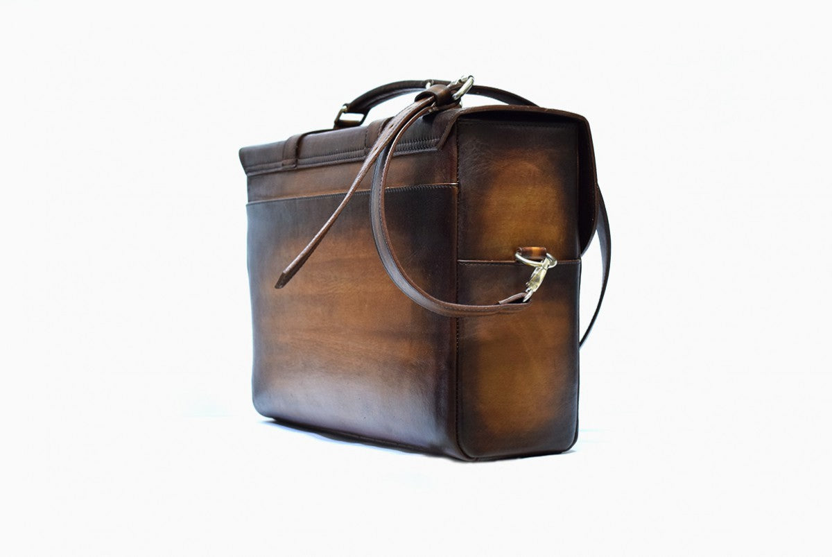Side view of Leather Miran Laptop Satchel Bag in brown