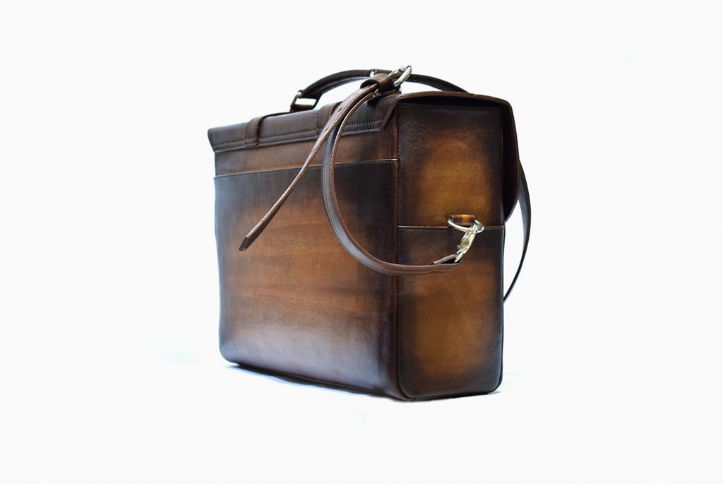 Side view of Leather Miran Laptop Satchel Bag in brown