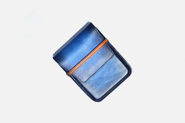 Tilted View of Leather Pencil Case in Blue