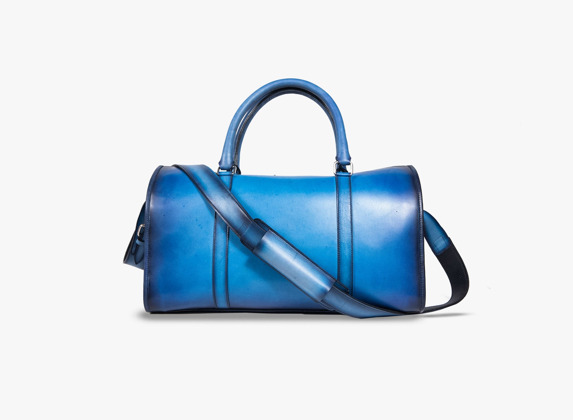 Back view of Leather Dozan Duffel Bag in blue
