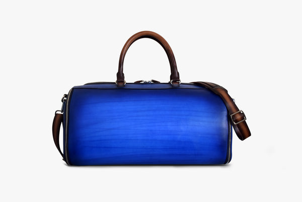 Back view of Leather Garment Duffel Bag in blue