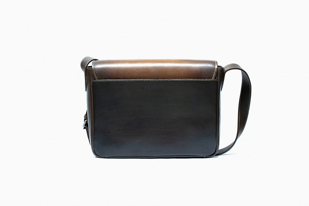 Back view of Leather Drigh Messenger Bag in brown