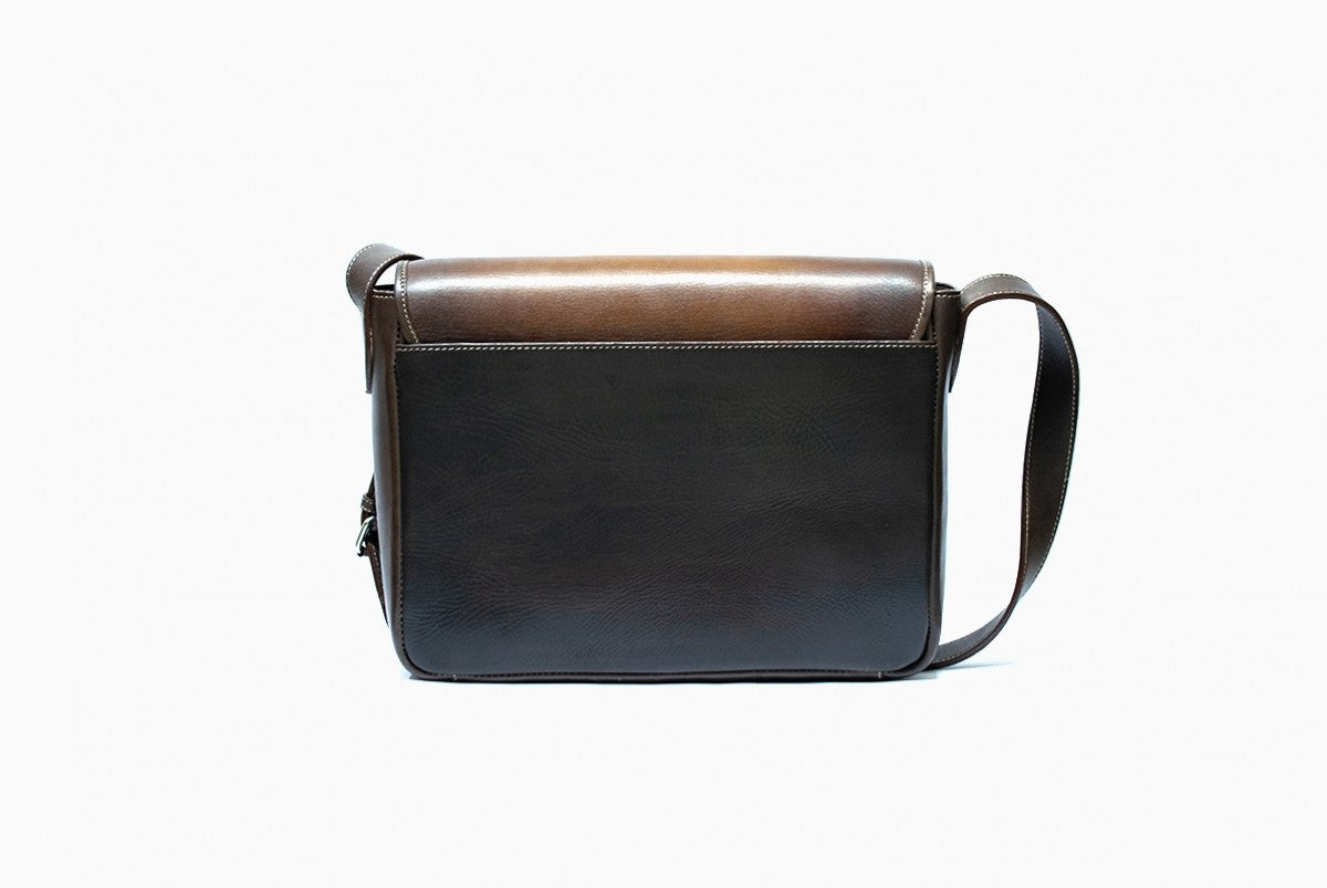 Back view of Leather Drigh Messenger Bag in brown