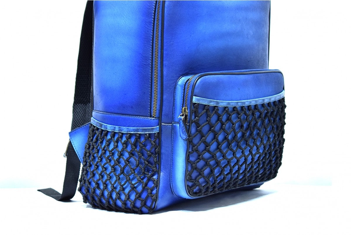 Close-up view of Leather Domel Backpack in blue