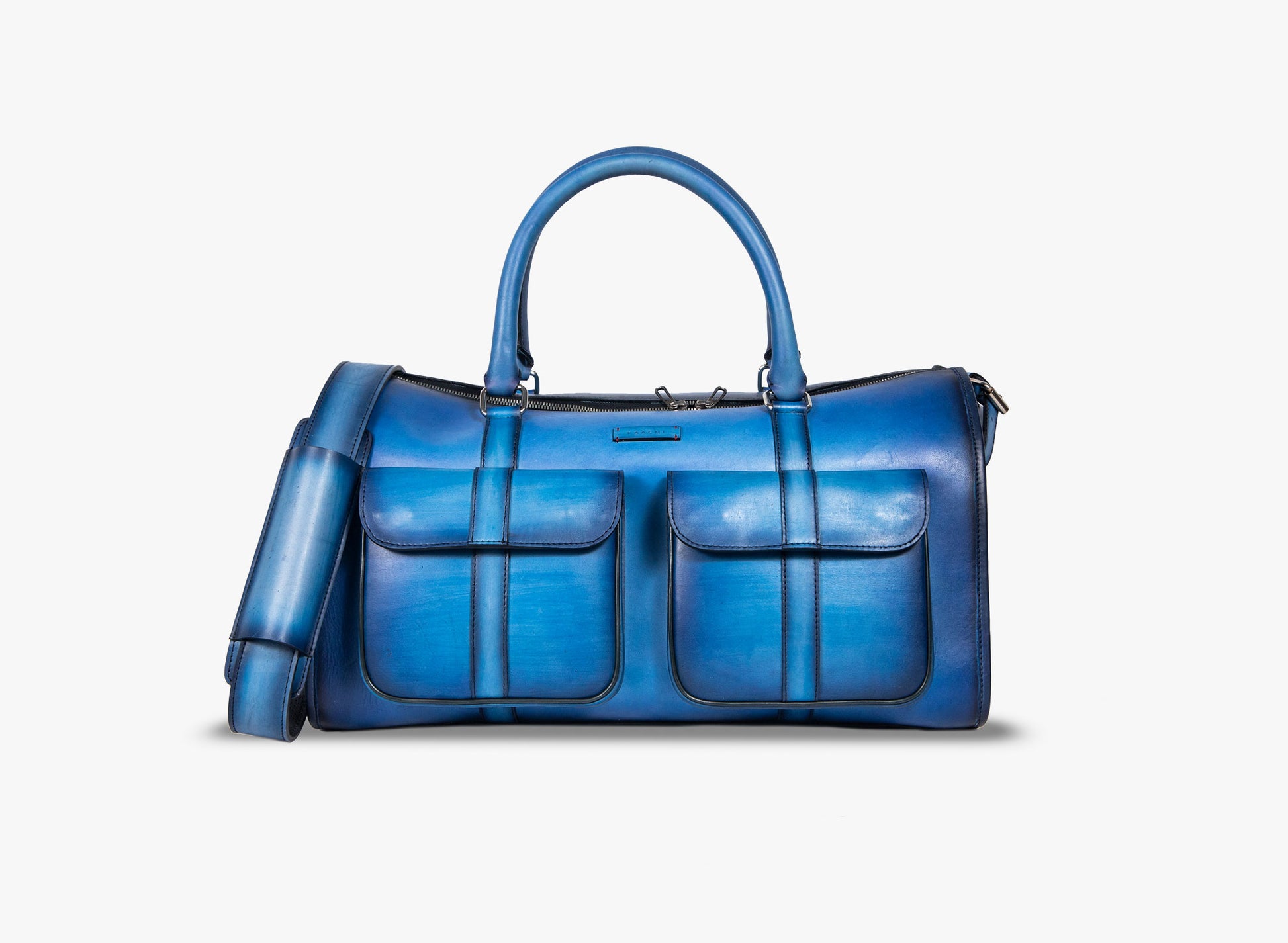 Front view of Leather Dozan Duffel Bag in blue
