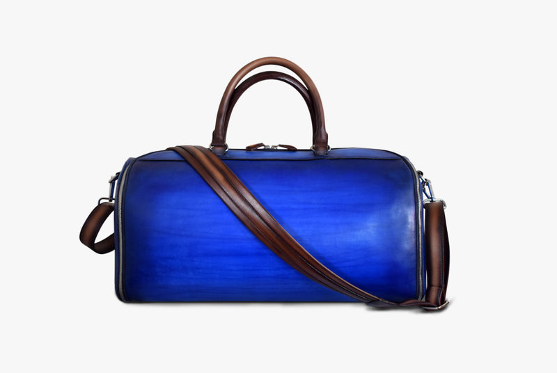 Front view of Leather Garment Duffel Bag in blue