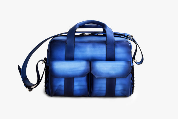 Front view of Leather Horak Overnighter Bag in blue