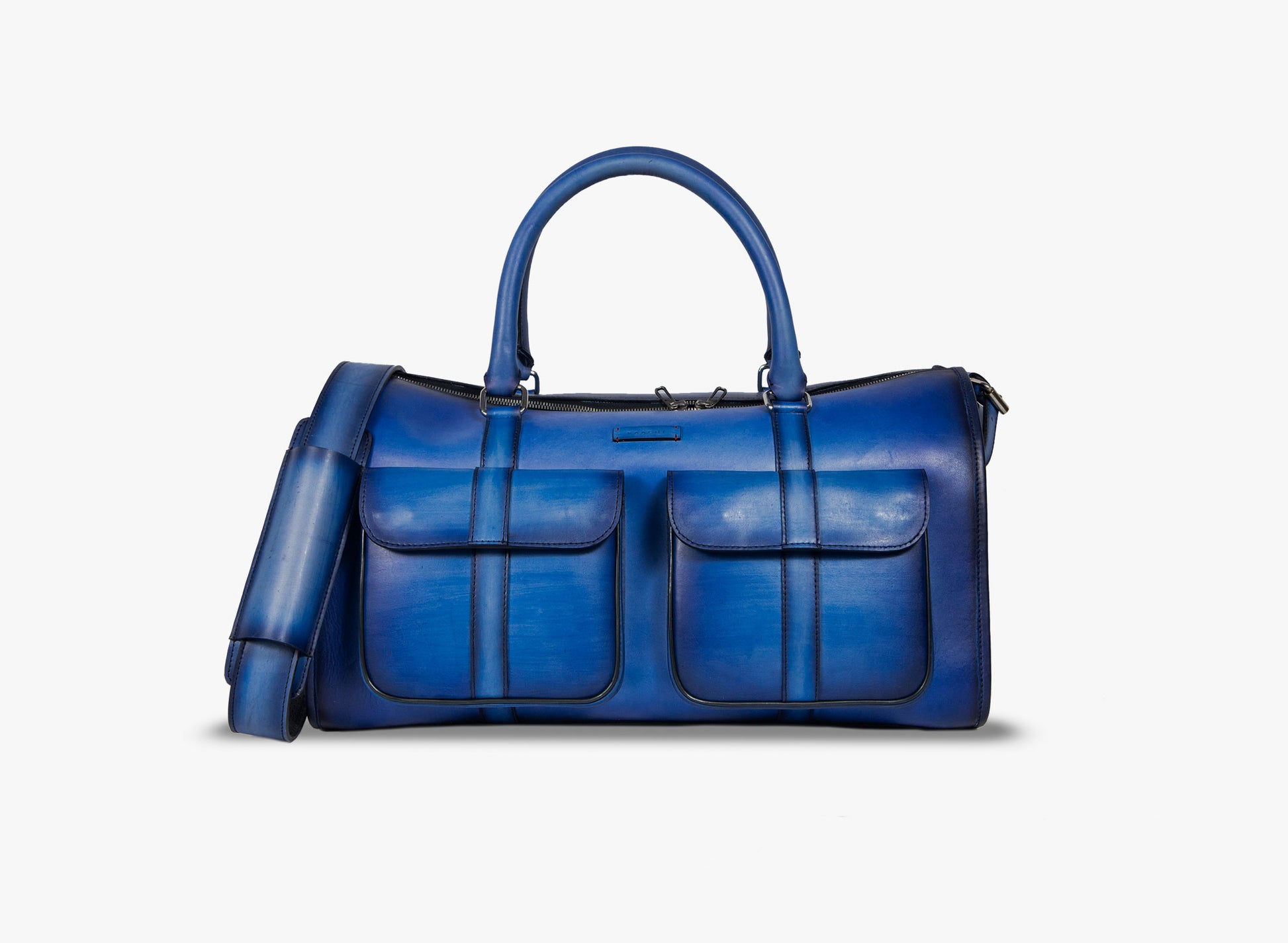 Front view of Leather Dozan Duffel Bag in dark blue