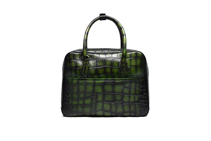 Front view of Leather Duffle Bag in green