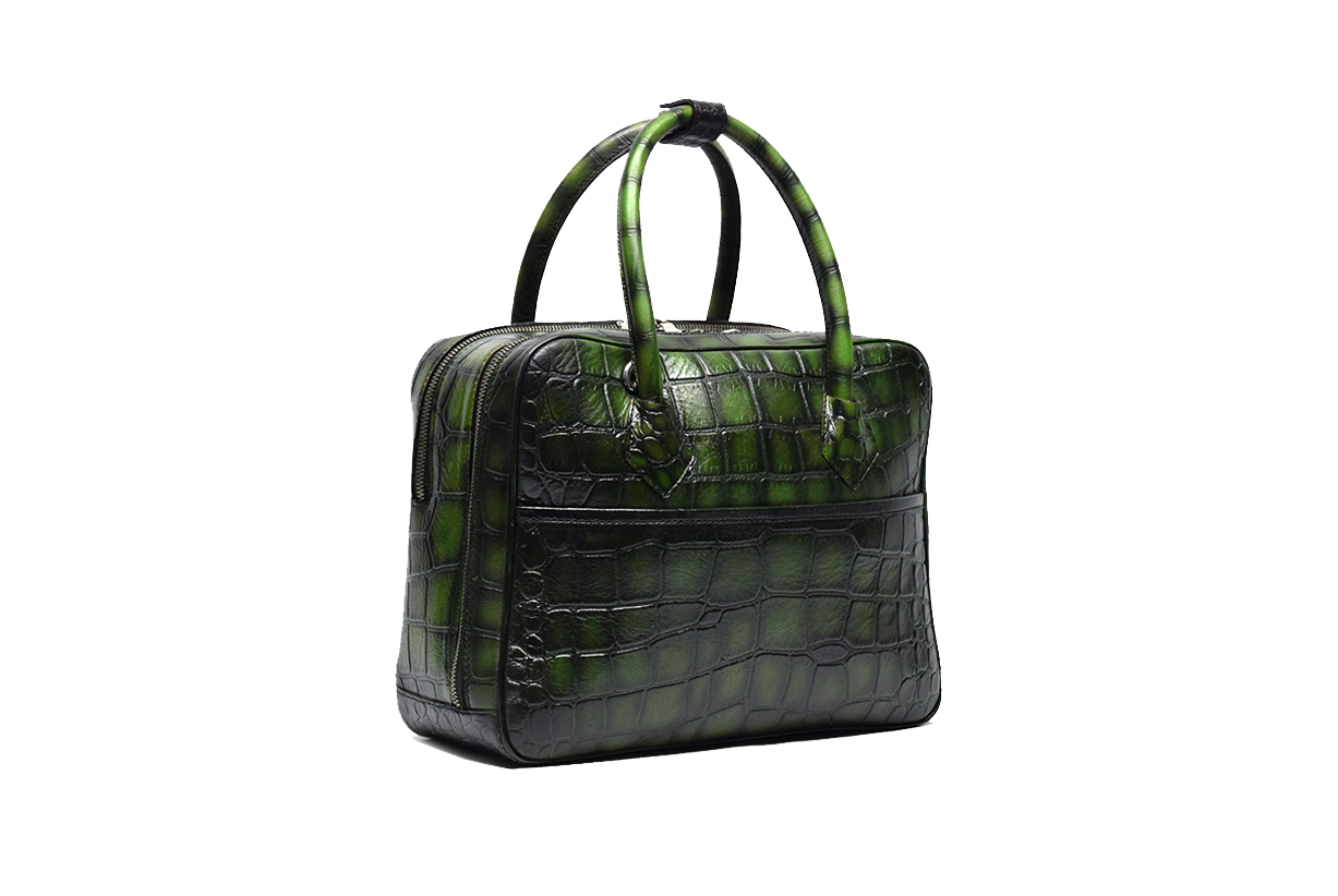Left view of Leather Duffle Bag in green