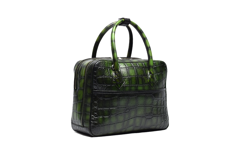 Left view of Leather Duffle Bag in green