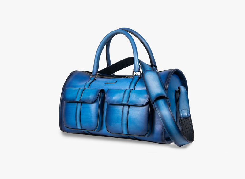 Right view of Leather Dozan Duffel Bag in blue