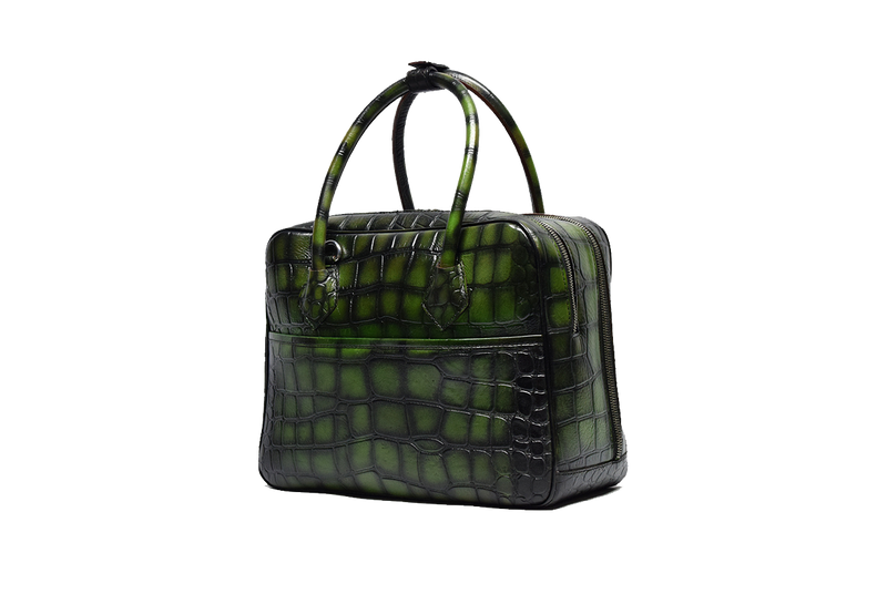 Right view of Leather Duffle Bag in green