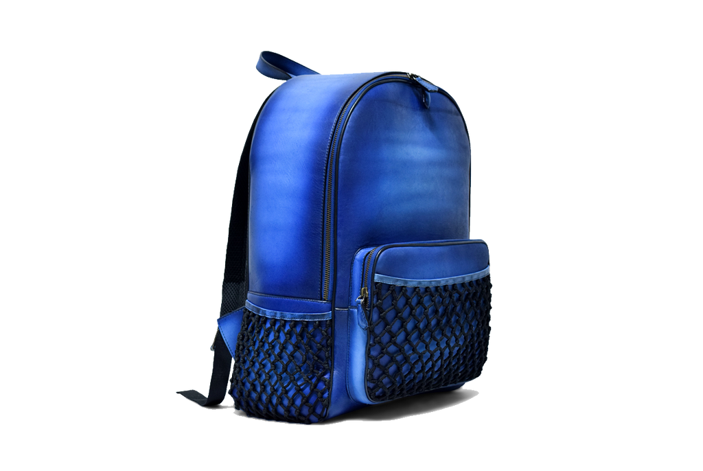 Side view of Leather Domel Backpack in blue
