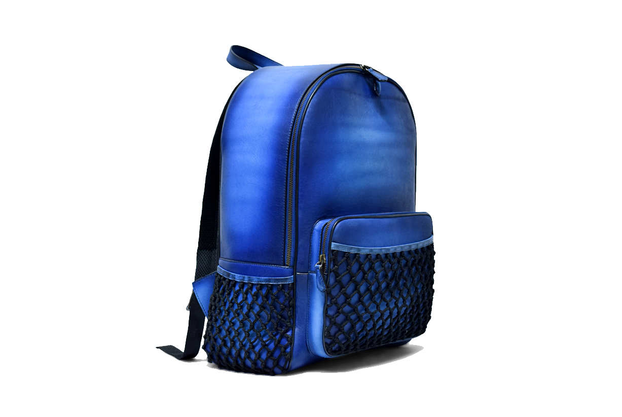 Side view of Leather Domel Backpack in blue