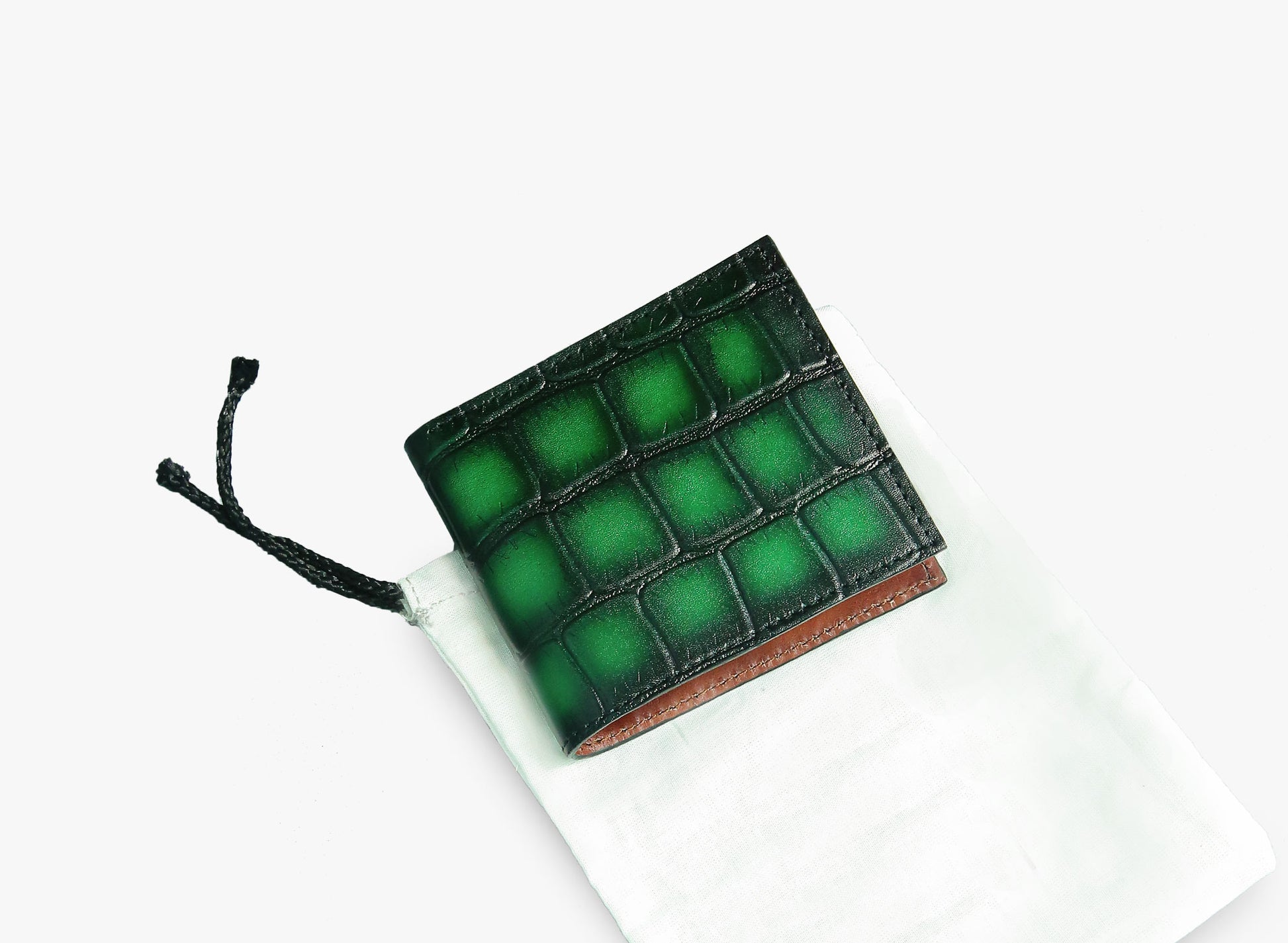 View of Leather Sharar BiFold Croc Wallet in Green